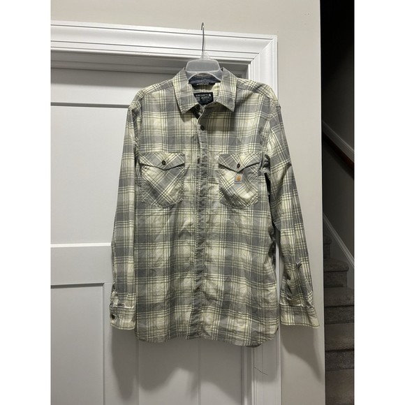 Carhartt Mens Size Large Green Gray Plaid Rugged Flex Relaxed Fit Button Up - Picture 1 of 6